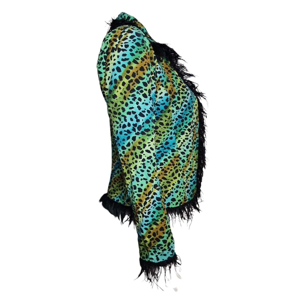 Anthracite Cardigan Size 6 Blue Green Animal Print 100% Silk Fringe Colorful - Picture 4 of 6